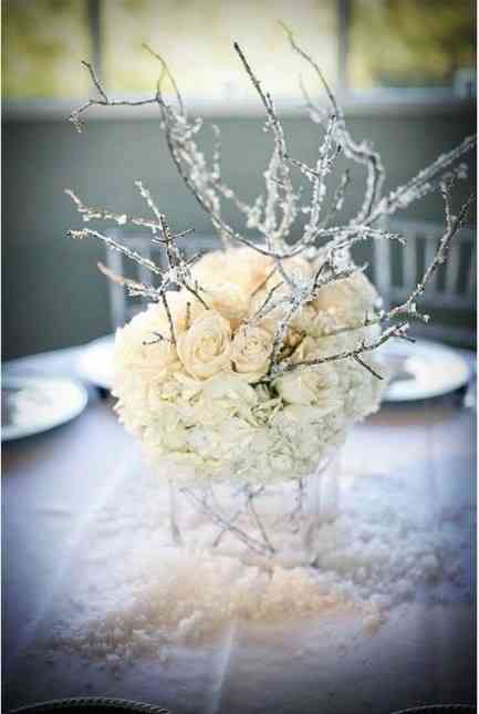 Blushing Bride and roses in winter table centerpiece